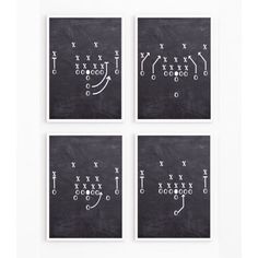 four black and white pictures with different types of numbers drawn on them, each depicting an individual's football play