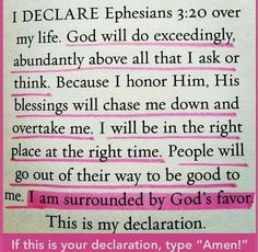 a piece of paper with pink writing on it that says, i declare ephesians