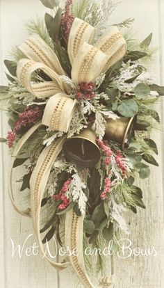 a christmas wreath with bells and greenery