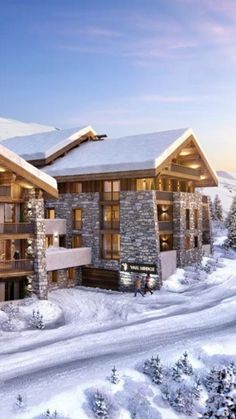 an artist's rendering of the exterior of a ski lodge at dusk in winter