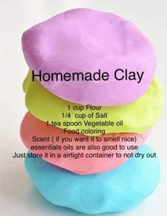 four different colored clays stacked on top of each other with instructions for how to use them