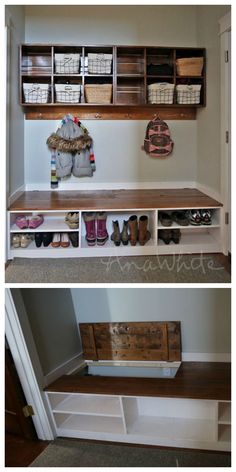 two pictures side by side with shoes and baskets on the shelves