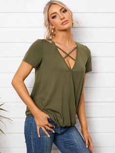 Solid Criss-cross V-neck Short Sleeve Casual T-shirt Casual Cross-tied Top For Summer, Casual Cross-tied Tops For Spring, Casual Stretch Crisscross Top, Stretch Crisscross Cross-tied Tops, Stretchy Cross-tied Crisscross Tops, Buy Tshirts, Women T Shirts, Chic Clothes, Casual T Shirt