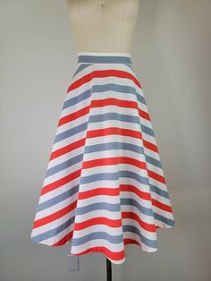 "Fabulous primary colors 1940s chevron striped cotton skirt. I bet there was a halter top that went with this originally, and I'm sure someone out there has the perfect matched on for this lovely skirt. Closes on the back with a 'Talon' brand metal zipper and button at the waistband. Can also wear it with the zipper on the side giving the skirt a different look, as shown in the last picture. Fabric is a medium weight linen weave cotton or cotton/rayon blend. Condition - Excellent condition with Retro Striped Skirt For Summer, Retro Striped Summer Skirt, Summer Retro Striped Skirt, Striped Cotton Midi Skirt, Striped Full Skirt With Lining, Floral Cotton Dress, Skirt Summer, Striped Skirt, Floral Sundress