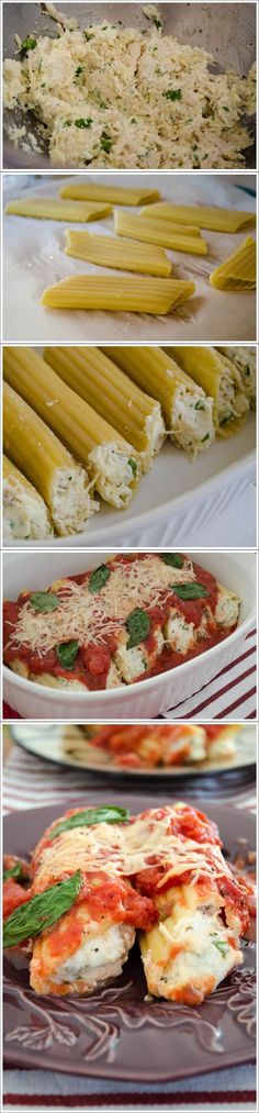 four different types of food being prepared on trays and in pans, including pasta