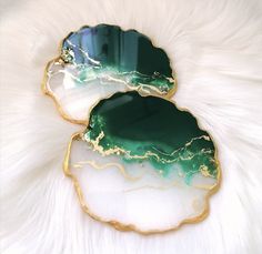 two green and white plates sitting on top of a fur covered floor