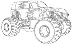 a monster truck with flames on it's tires and wheels, in black and white