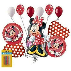 minnie mouse balloon bouquet with balloons and stickers for birthdays or baby's 1st birthday