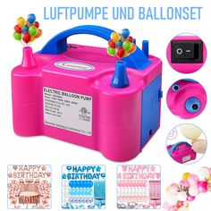 a pink and blue box with balloons on it's side, in front of the words luftpumpe und ballonset