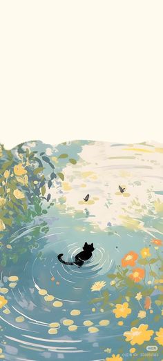 a cat swimming in the water with yellow flowers