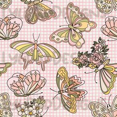 butterflies and flowers on a pink background