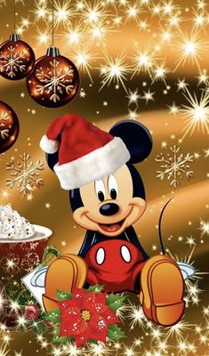 a mickey mouse christmas card with ornaments and snowflakes