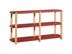 a red shelf with three shelves on each side and two wooden legs, in front of a white background