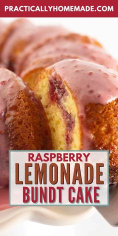 raspberry lemonade bundt cake on a plate with the title overlay