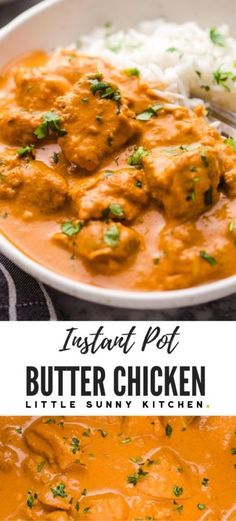 an image of butter chicken with rice and gravy in a white bowl on a table