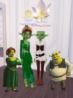 three cartoon characters standing next to each other in front of a sign that says vive