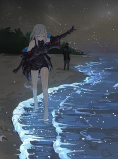 an anime character walking on the beach with her arms out to the water and two people in the background