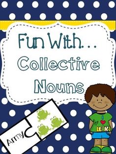 a blue and white polka dot background with a boy holding a sign that says fun with collective