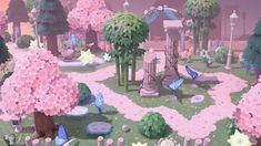 an animated landscape with pink flowers and trees