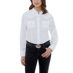 Ely Cattleman Women's Long Sleeve Snap Front Solid White Western Shirt, 15321905 Tractor Supply, Work Wear Women, Women Sleeve, Western Shirt, Ely, Work Shirts, Western Shirts, Casual Bags, Types Of Collars