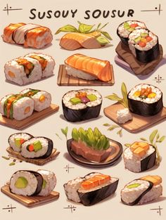 an illustration of sushi on wooden trays