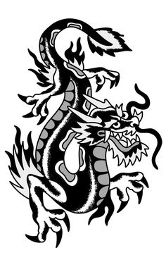 a black and white drawing of a dragon