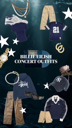 an image of clothes and accessories in the water with words above them that read,'billie eliish concert outfits '