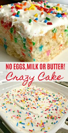 no eggs, milk or butter crazy cake with white frosting and sprinkles