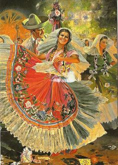 a painting of people dancing in mexican dress