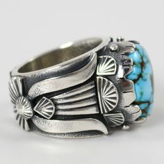 Heavy Gauge Sterling Silver Ring with Applique and Hand-Stamped Designs and set with Natural Turquoise Mountain Turquoise from Arizona. Ring Size: 8.25.5” Setting Width, .625” Setting Height.5” Band Width Mountain Ring, Zuni Jewelry, Concho Belt, Navajo Jewelry, Native Jewelry, Pendant Rings, Natural Turquoise, Black Stone, Earring Necklace