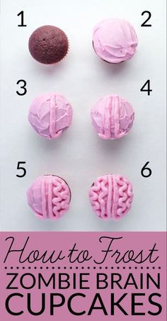 four pink frosted cupcakes are shown with the words how to frost your own zombie