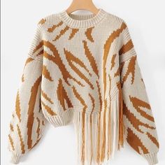 New Sweater. Long Sleeve Knit Sweater With Fringe Side At Front Left. Made Of Acrylic. Size S-L Fits S/M Model Is 5’4’ Size 4. Zebra Sweater, Fringe Fashion, Asymmetrical Sweater, Fringe Top, Jacquard Sweater, Fringe Sweater, Cooler Look, Knitwear Fashion, Sweaters Online