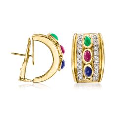 Ross-Simons - C. 1980 Vintage 2.10ct t. w. Multi-Gemstone Earrings, .85ct t. w. Diamonds. C. 1980. Boasting classic color and sparkle, these enduring Estate collection earrings offer miles of wonderful wear! 2.10 ct. tot. gem wt. oval ruby, sapphire and emerald cabochons are joined by .85 ct. t. w. round brilliant-cut diamond borders for a look that's sure to delight any gemstone purist. Finely crafted in polished 14kt yellow gold. Clip/post, diamond and multi-gemstone earrings. Exclusive, one-o Classic Gemstone Clip-on Earrings For Anniversary, Classic Yellow Gold Multi-stone Earrings, Fine Jewelry Multi-stone Earrings For Anniversary, Fine Multi-stone Earrings For Anniversary, Earrings Diamonds, Emerald Birthstone, Ruby Sapphire, Round Brilliant Cut Diamond, Estate Jewelry