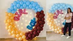 a woman standing in front of balloons that spell out the word love and balloon letters