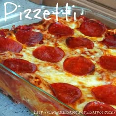 a pepperoni pizza in a glass dish with the words pretzetti above it