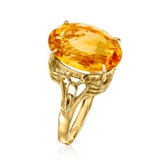 Ross-Simons - C. 1980 Vintage 7.00 Carat Citrine Ring in 18kt Yellow Gold. Size 7.75. C. 1980. This head-turning ring from our Estate collection is ready for its closeup. A citrusy oval of sparkling 7.00 carat citrine bursts with vibrant color on a glossy and intricately styled band of rich 18kt yellow gold. 9/16" wide. Citrine ring. Exclusive, one-of-a-kind Estate Jewelry. Citrine birthstones are the perfect gift for November birthdays. Turning, Fine Jewelry, Vibrant Colors, Sparkle