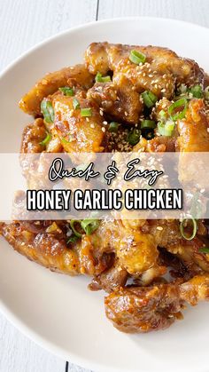 honey garlic chicken on a white plate with the words honey garlic chicken overlaying it