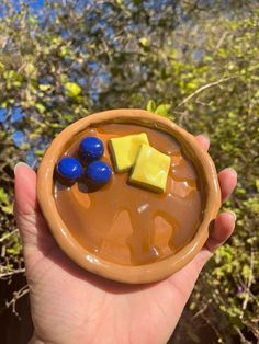 a hand holding a small bowl filled with chocolate and marshmallows on top