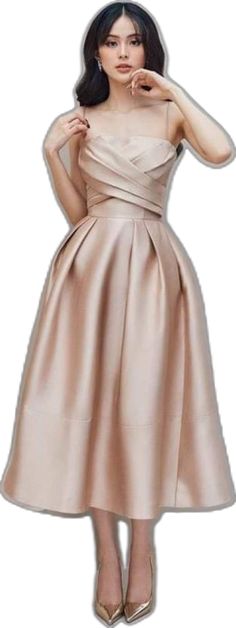 Beige Pleated Cocktail Dress, Beige Pleated Dress For Party, Beige A-line Midi Dress For Party, Beige Pleated Midi Dress For Party, Beige Pleated A-line Midi Dress, Elegant Beige Full Skirt Dress, Beige Knee-length Cocktail Dresses, Beige Midi Length Cocktail Dress, Beige Midi Cocktail Dress