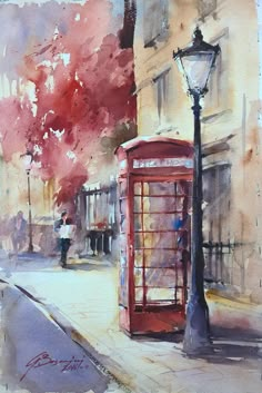 a watercolor painting of a red phone booth on the side of a city street