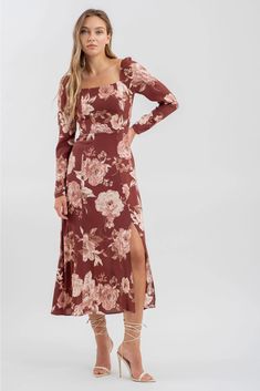 Elevate your style with our bold and elegant Floral Long Sleeve Midi Dress. The rich burgundy color is perfect for any occasion, while the midi length adds a touch of sophistication. Be the center of attention and feel confident in this stunning dress. Product Details: RUNS SMALL (if in between sizes, size up) SQUARE NECKLINE LONG SLEEVES BACK ZIPPER SPLIT THIGH MIDI DRESS FLORAL PRINT IN BURGUNDY 100% RAYON FALL DRESS Rich Burgundy, Skirt Jumpsuit, Burgundy Floral, Denim Accessories, Top Graphic Tees, Long Sleeve Midi, Elegant Floral, Long Sleeve Midi Dress, Burgundy Color