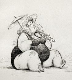 a pencil drawing of a woman sitting on top of a panda bear holding an umbrella