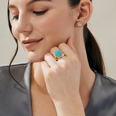 18-karat yellow gold Sleeping Beauty Turquoise 11.50 carats approx. Diamond 0.35 carat approx. Width 0.7 inch approx. One-of-a-Kind Turquoise Heart, Contemporary Ring, Cabochon Ring, Sleeping Beauty Turquoise, Domed Ring, Quartz Ring, Yellow Gold Ring, Yellow Gold Rings, Blue Topaz