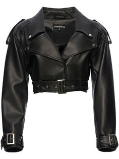 black leather wide notch lapels concealed front press-stud fastening epaulettes long sleeves belted cuffs belted waist cropped Black Leather Clothes, Motorcycle Clothes For Women, Motorcyclist Outfit, Formal Leather Jacket, Motorcycle Outfits For Women, Crop Leather Jacket, Jaket Motor, Jacket Art, Outfit Elegantes