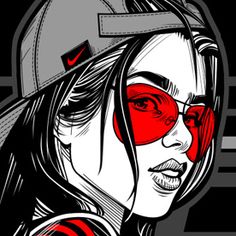 a drawing of a woman with red glasses and a baseball cap