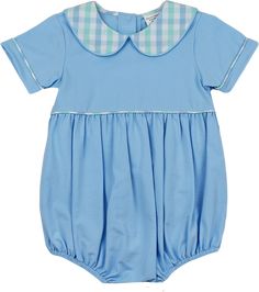 Cotton blue bubble with a blue and green plaid Peter Pan collar Blue And Green Plaid, Machine Applique Designs, Royal Baby, Baby And Toddler, Fall Shopping, Pan Collar, Green Plaid, Peter Pan Collar, Applique Designs