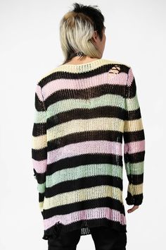 LIQORICE.- Luxe Soft Knit.- Contrast knit Stripe.- Long line.- Distressed Detailing.- Relaxed Fit.- Unisex, so it's for everyone.Models both wear a size L for different fits.with KILLSTAR branding, 100% Acrylic. Multicolor Open Knit Sweater, Striped Chunky Knit Sweater, Multicolor Oversized Open Knit Sweater, Oversized Multicolor Open Knit Sweater, Multicolor Pointelle Knit Sweater For Fall, Multicolor Pointelle Knit Sweater, Fall Multicolor Pointelle Knit Sweater, Spring Striped Chunky Knit Sweater, Winter Striped Pointelle Knit Sweater