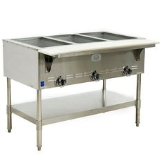 a double burner stove sitting on top of a metal shelf with two sinks below it