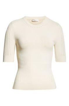 Intricate pointelle stitching defines the sleeves, neckline and sides of this ultrasoft top. Crewneck Short sleeves 63% viscose, 36% nylon, 1% elastane Dry clean Imported White Pointelle Knit Fitted Top, White Fitted Knit Top For Spring, Fitted White Knit Top For Spring, Feminine Pointelle Knit Top, Cream Pointelle Knit Stretch Top, Fitted Crew Neck Top In Pointelle Knit, Cream Stretch Pointelle Knit Top, Feminine Fitted Pointelle Knit Top, Fitted Pointelle Knit Short Sleeve Top