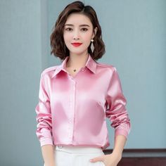 Brand Name:StinlicherMaterial:SilkMaterial:PolyesterOrigin:CN(Origin)Season:Spring/AutumnClothing Length:RegularAge:Ages 18-35 Years OldCollar:Turn-down CollarGender:WOMENDecoration:NONESleeve Length(cm):FullSleeve Style:RegularStyle:Office LadyFabric Type:BroadclothPattern Type:Solid Pink Satin Feminine Blouse, Pink Satin Blouse In Feminine Style, Pink Satin Top For Work, Formal Pink Satin Tops, Pink Long Sleeve Satin Top, Long Sleeve Pink Satin Top, Pink Satin Long Sleeve Tops, Fitted Pink Satin Blouse, Pink Long Sleeve Formal Blouse